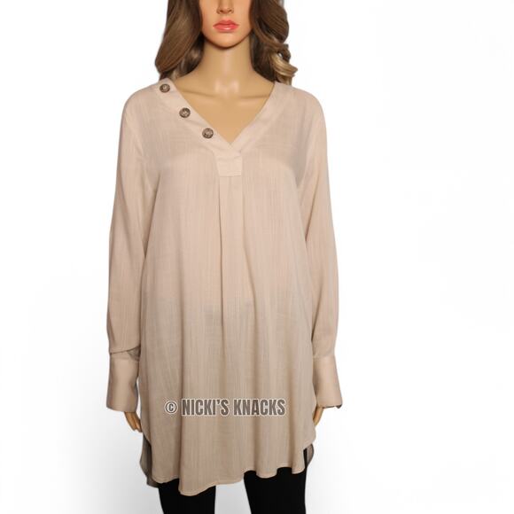 Blu Heaven Tan V-Neck Tunic Top Roll Cuff Sleeves Lightweight Neutral Size M - Picture 3 of 9
